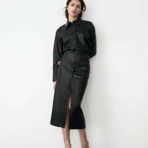 Zara Faux Leather Midi Shirt Dress - Black - Size M